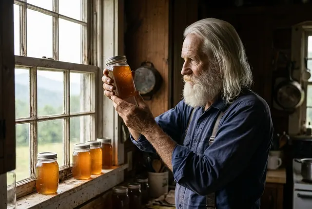 Old Buck at the kitchen window holding a jar of honey up to the light