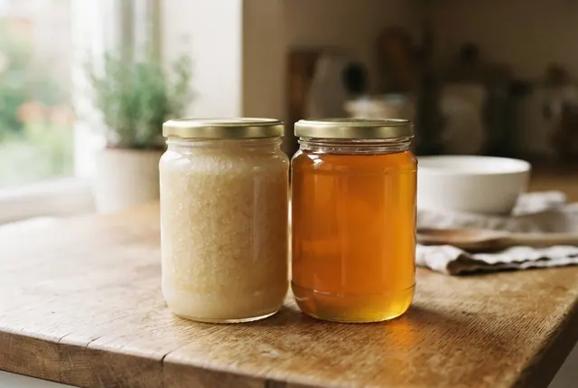 A jar of crystallized honey next to a jar of runny honey