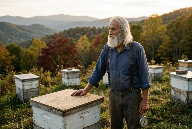 Old Buck with his hand on a hive lid in the bee yard in fall